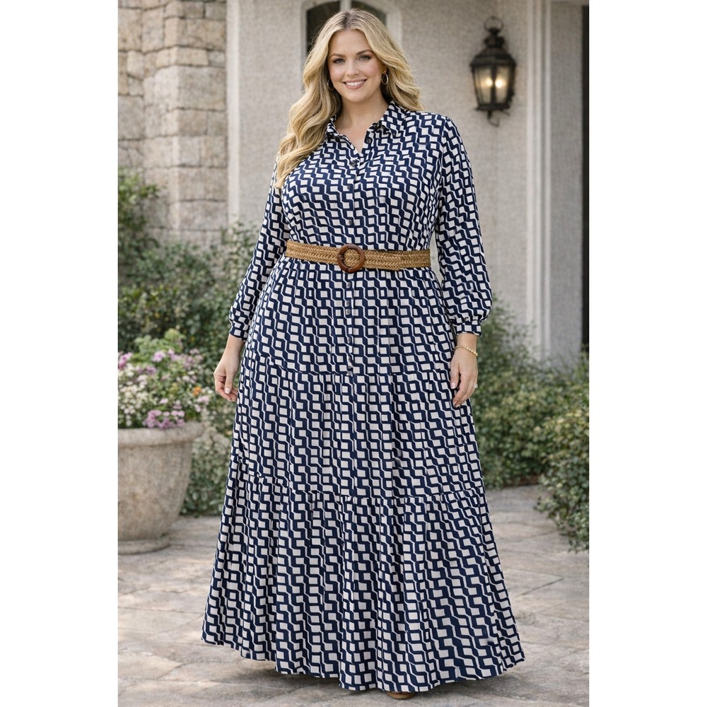 Boden Geometric Shirt Dress 20/22 Print Tiered Maxi Navy 
White Cotton Modest